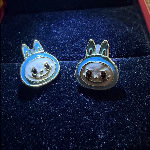 14K Gold Labubu Head Blue Monster Theme Enamel Stud Earrings Kawaii Boutique - Picture 5 of 5